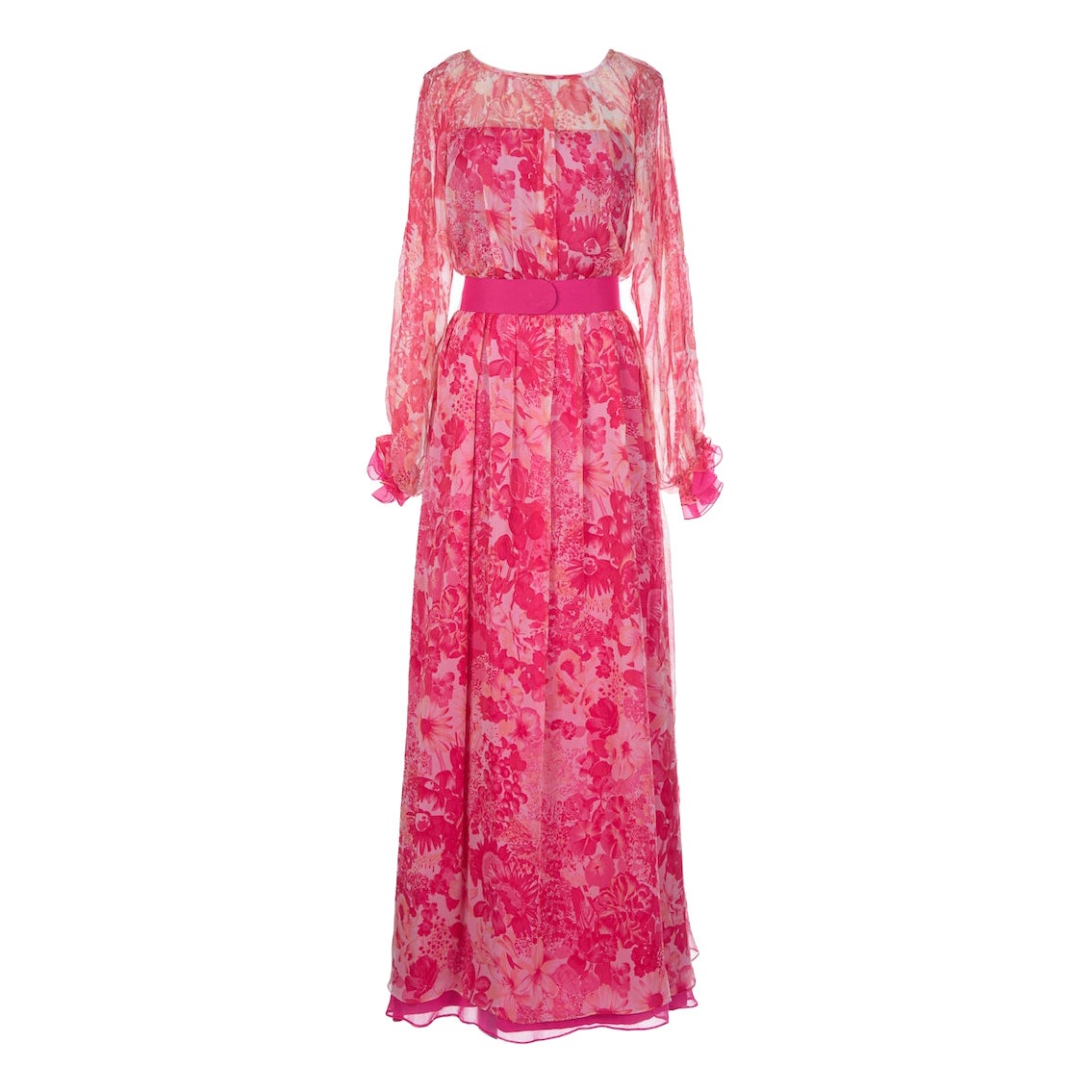 E. Braun & Co. Pink & Coral Floral Print Silk Chiffon Maxi Dress & Belt, 1970s