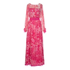 Vintage E. Braun & Co. Pink & Coral Floral Print Silk Chiffon Maxi Dress & Belt, 1970s