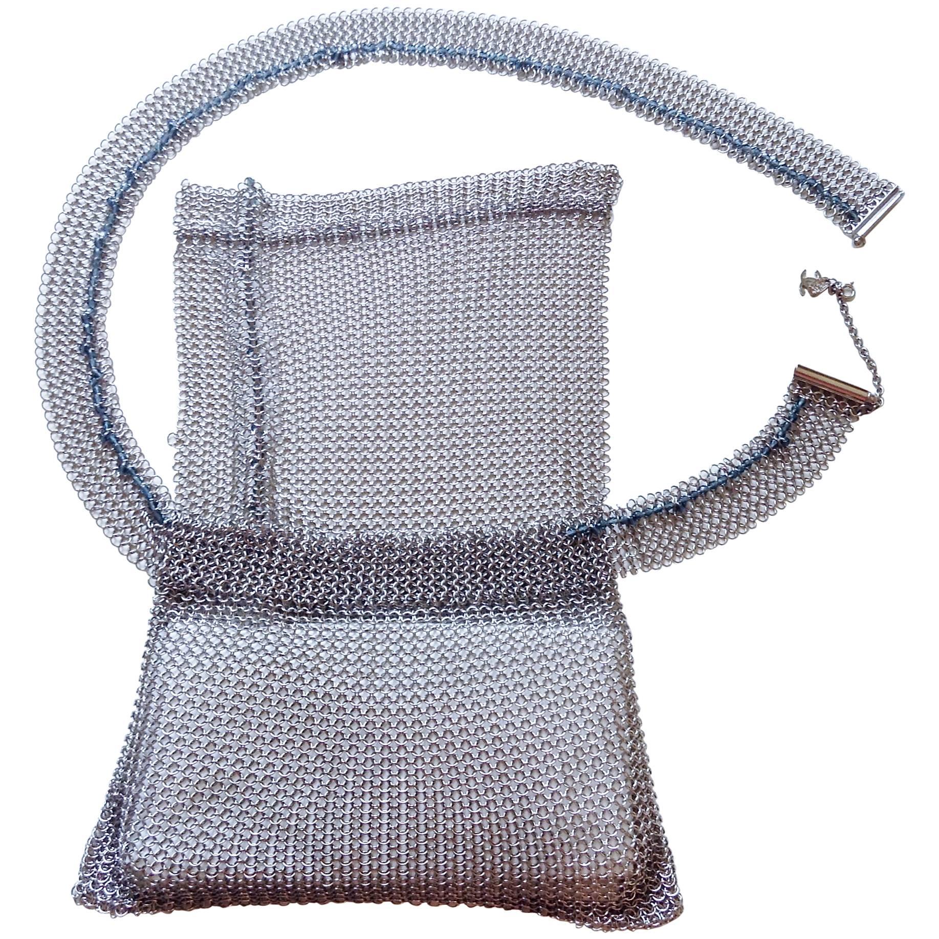 BRAND NEW CHANEL 99P ✿*ﾟRunway Shimmering Silver Mesh Beaded Belt Flap Bag For Sale