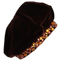 Yves Saint Laurent Beret Hat Embellished Brown Velvet Vintage 70s Rare 