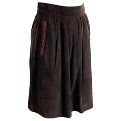 Yves Saint Laurent Skirt Brown Suede Leather Red Contrast Whipstitch Vintage 90s
