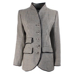 Yves Saint Laurent Jacket Houndstooth Wool Black Rope Trim Floral Buttons Sz 40