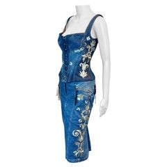 Roberto Cavalli S/S 2003 Broderie Corset Bustier Denim Top &Skirt 2 Pieces