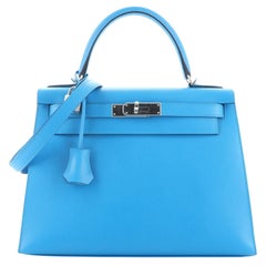 Hermes Kelly Handbag Bleu Frida Madame with Palladium Hardware 28