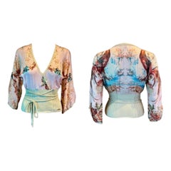 Roberto Cavalli S/S 2003 Pheasant Chinoiserie Print Plunging Knit Blouse Top