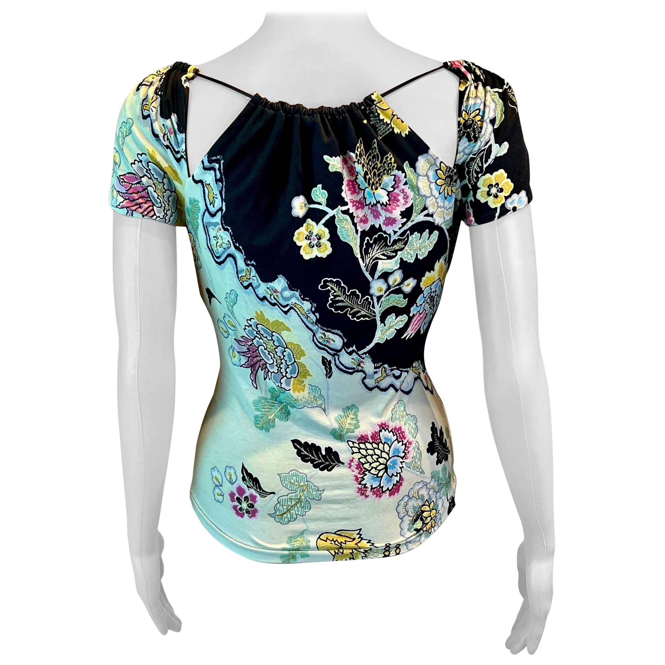 Roberto Cavalli S/S 2003 Chinoiserie Print Cutout Blouse Top For Sale