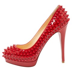 Christian Louboutin Red Patent Leather Pigalle Spikes Platform Pumps Size 38