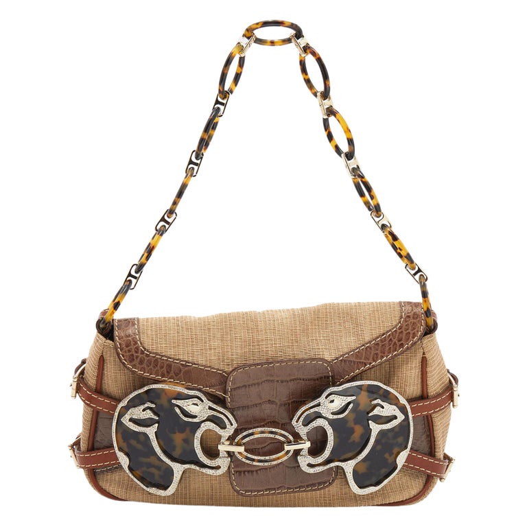 Valentino Beige/Brown Straw and Croc Embossed Leather Tiger Embellished ...