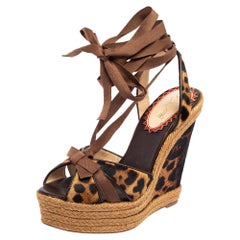 Christian Louboutin Brown Leopard Print Fabric Leather Wedge Sandals Size 38