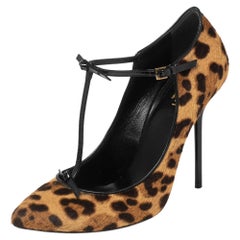 Gucci Brown/Beige Leopard Print Calf Hair Beverly T-Strap Pumps Size 37