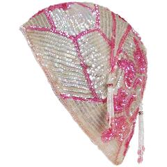 1920's Opalescent Pink Floral-Motif Sequin Beaded Flapper Cloche Hat Headpiece 7