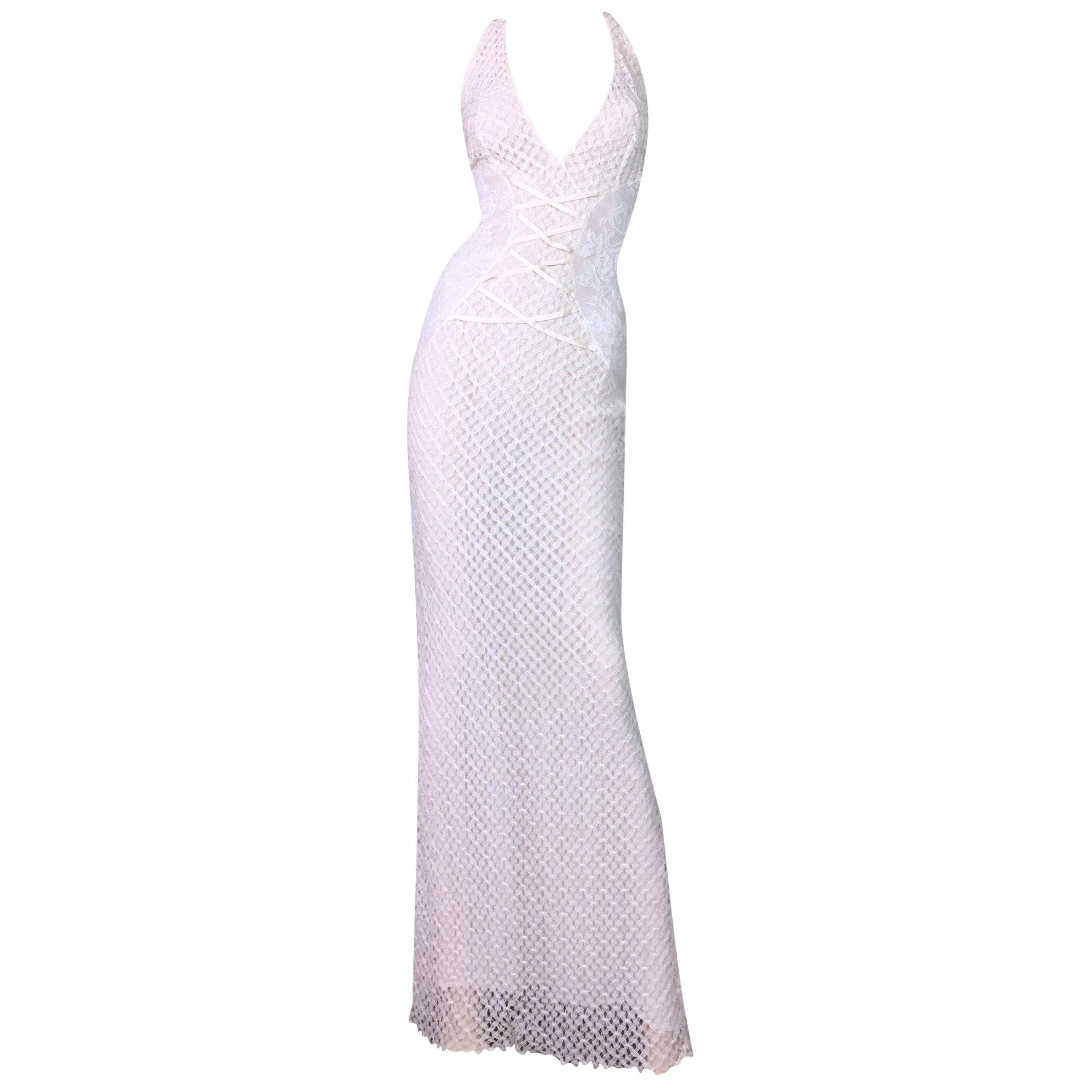 S/S 2002 Gianni Versace Sheer Ivory Plunging Corset Lace Gown Dress