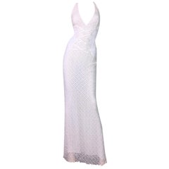 S/S 2002 Gianni Versace Sheer Ivory Plunging Corset Lace Gown Dress