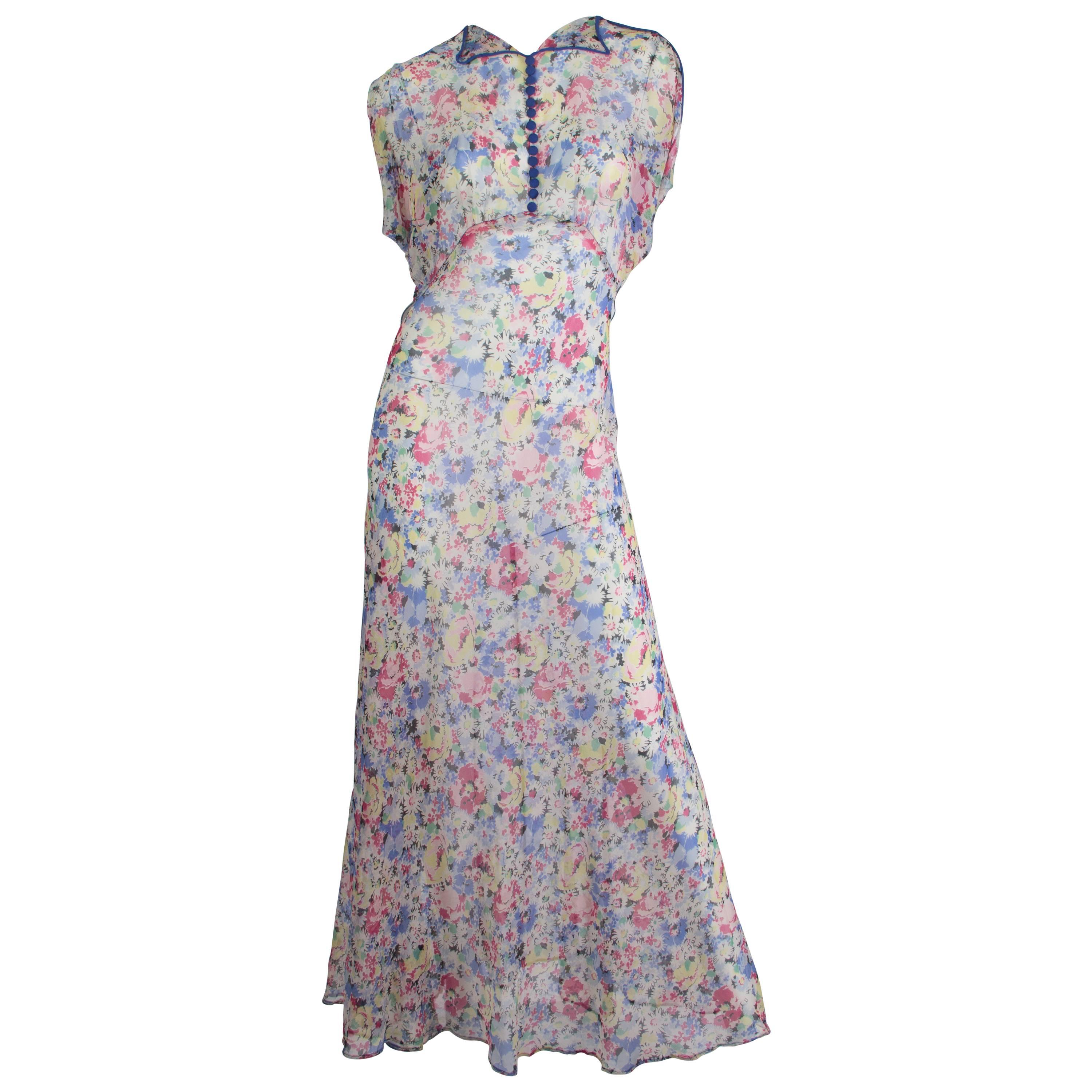 1930s Bias Cut Silk Chiffon Dress