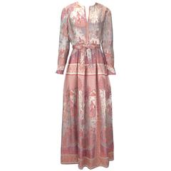 1960s Jon Mandl Silk Multicolored Asian Motif Evening Dress 