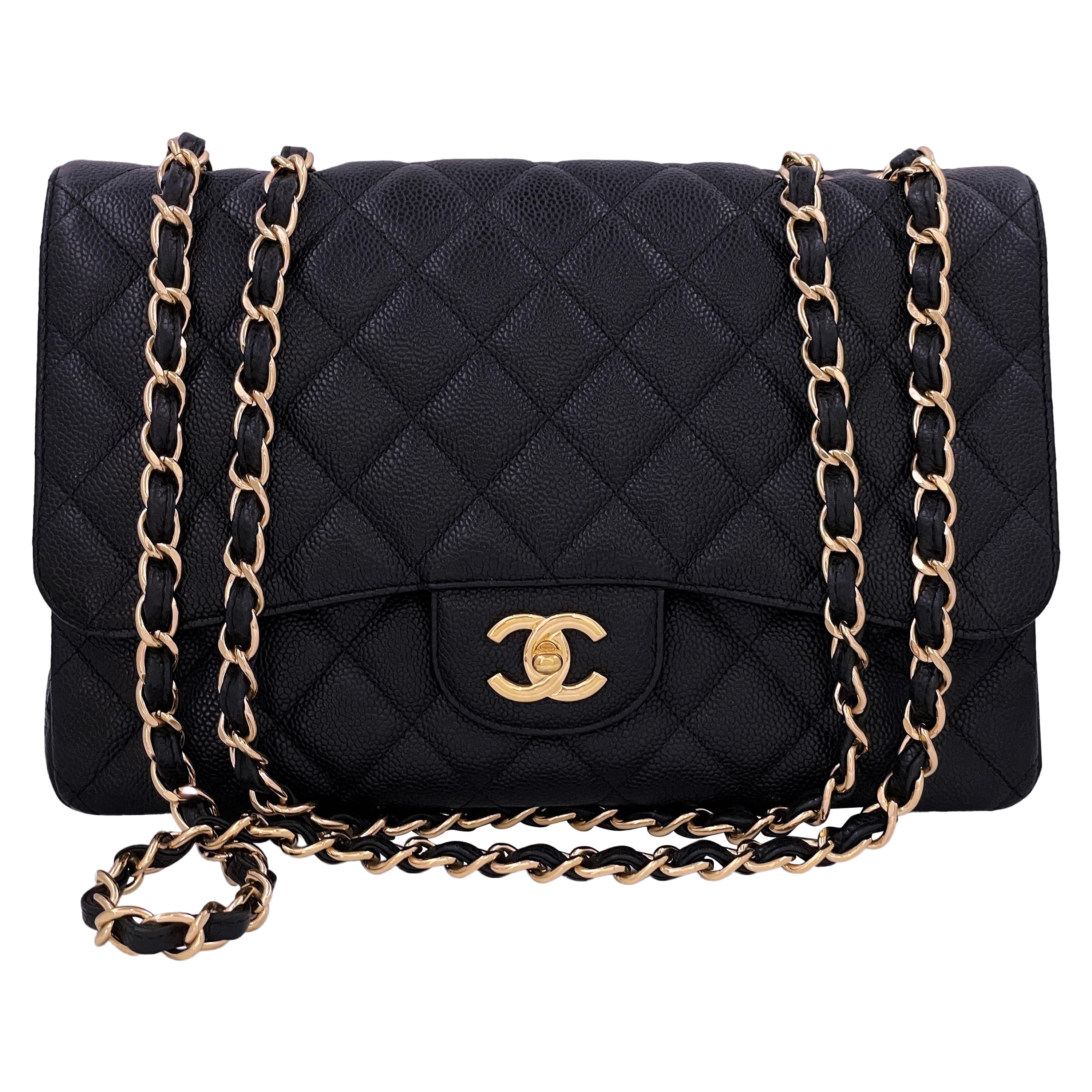 Chanel Black Caviar Jumbo Classic Flap Bag Single GHW 65108 For Sale