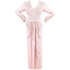Vintage Oleg Cassini Pink Beaded Faux Pearl V Neck LS Gown Dress SZ 10