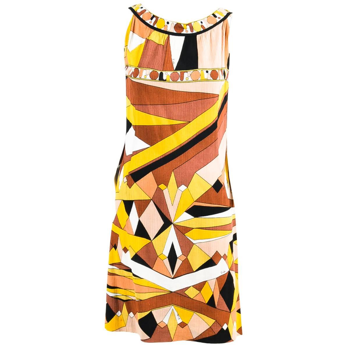 Vintage Emilio Pucci Brown/Yellow/Black Abstract Pattern Cotton Dress SZ 10 For Sale