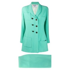 90s Chanel Vintage water green wool suit with jacket and skirt