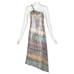 1970s Mary McFadden Beaded One Shoulder Pastel Sequin Dress