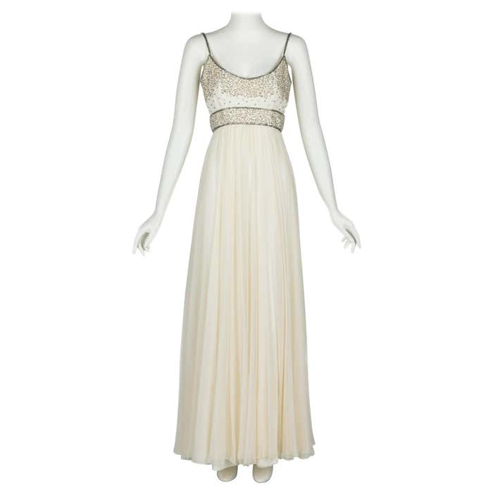 Alfred Bosand Ivory beaded Bodice Silk chiffon Gown, 1970s For Sale at ...