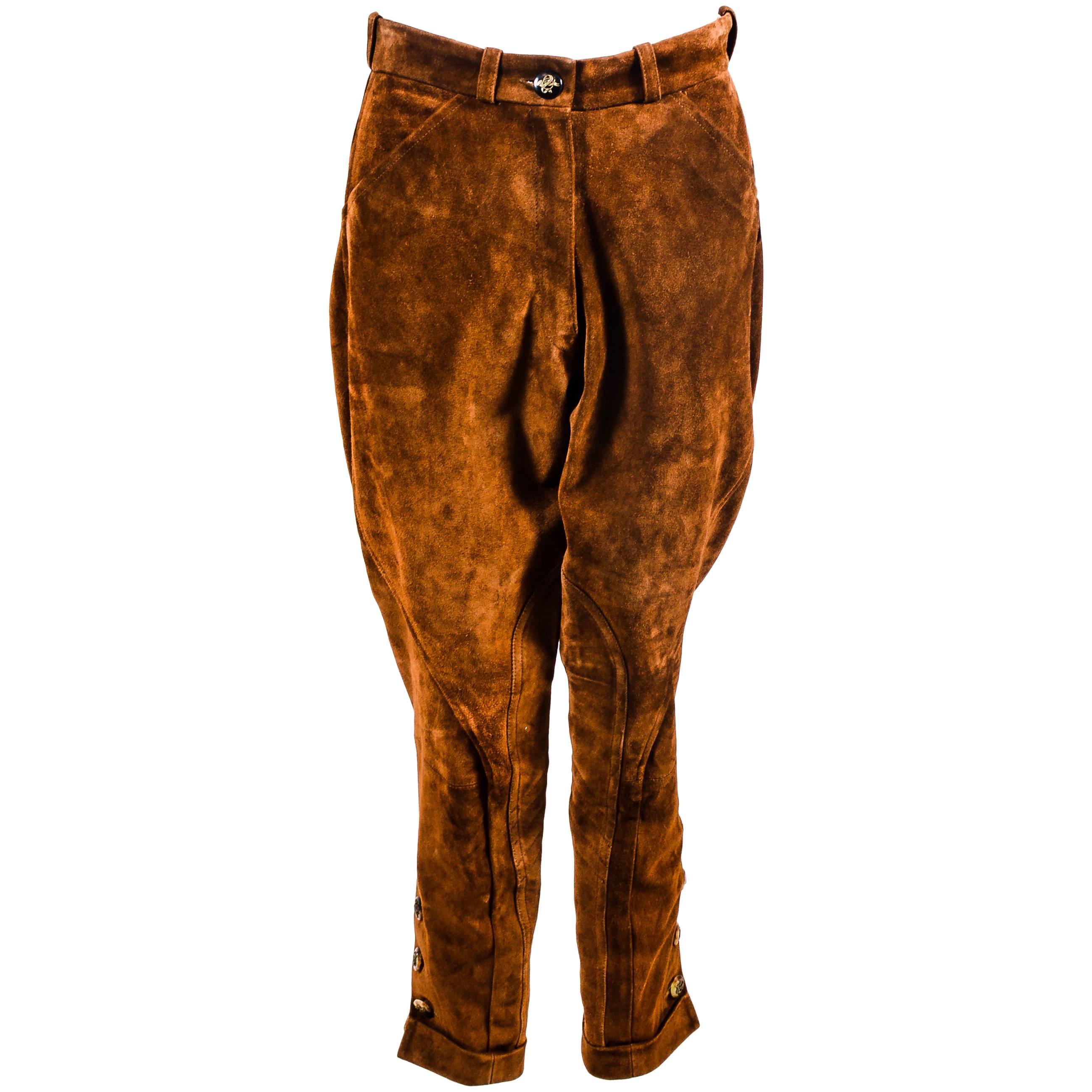 Vintage Hermes NWT Brown Suede Button Leg Cuffed Riding Pants SZ 42 For Sale