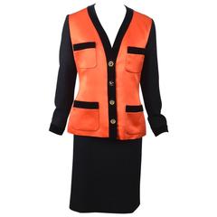 Retro Chanel Black & Orange Satin Panel Jacket & Knit Skirt Suit Set