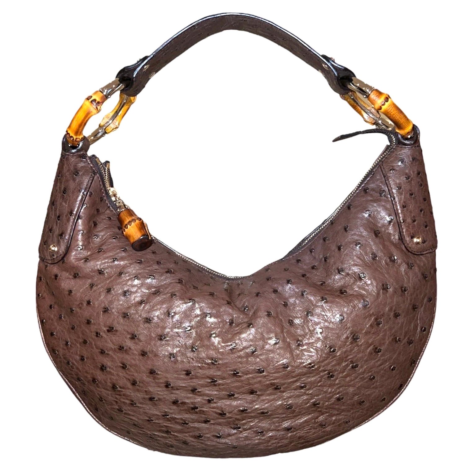 UNWORN Brown Gucci Ostrich Bamboo Detail Shoulder Bag - Full Set