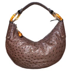 Vintage UNWORN Brown Gucci Ostrich Bamboo Detail Shoulder Bag - Full Set