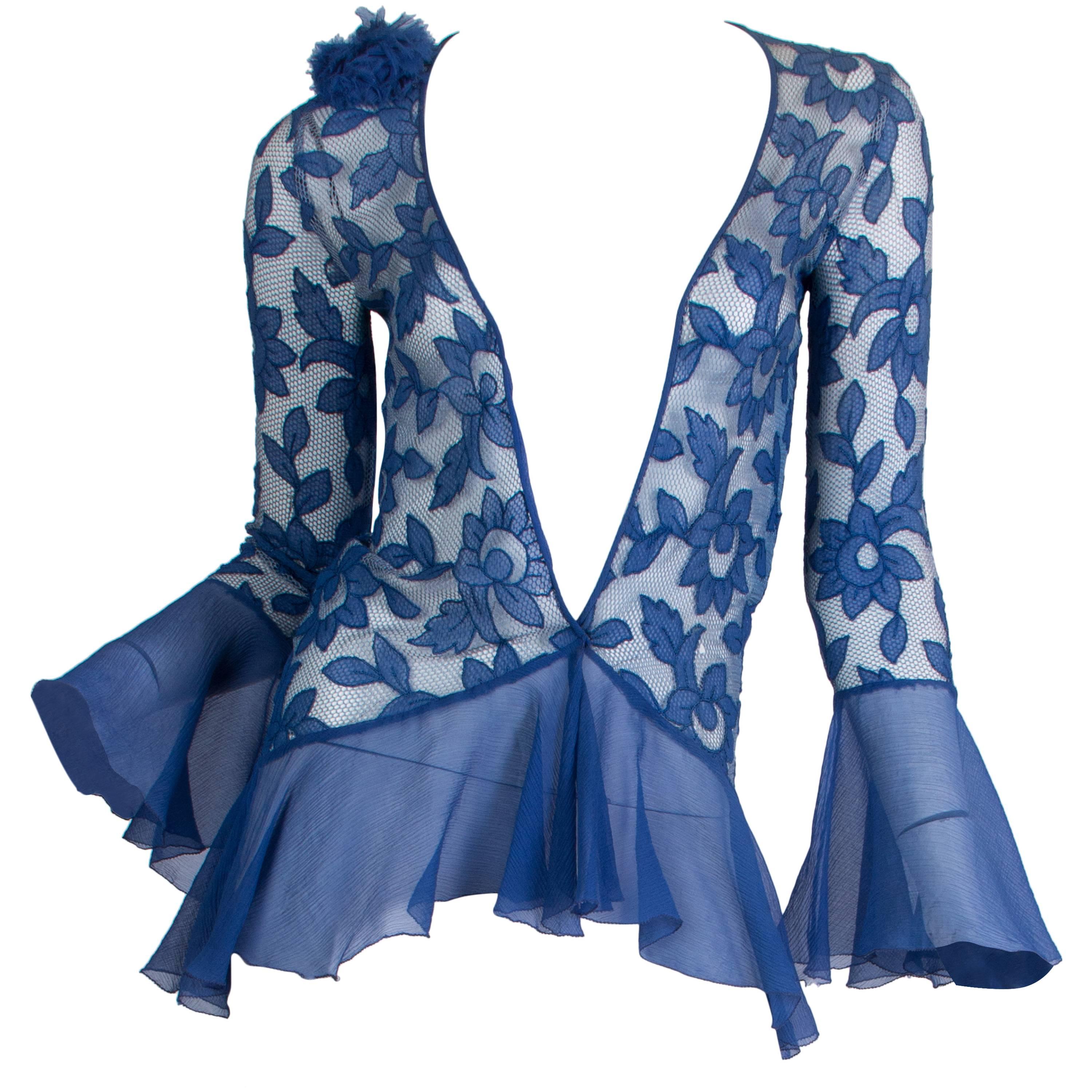 1920S Blue Floral Silk Chiffon Appliqué On Net Flutter Sleeve Jacket & Dress En