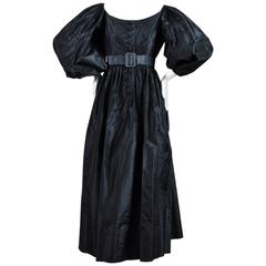Vintage Oscar de la Renta Black Taffeta Puff Sleeve Button Front & Belted Dress 3