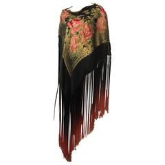 1930s Silk and Lamé Floral Poncho w Zippered Shoulders and Ombré Fringe
