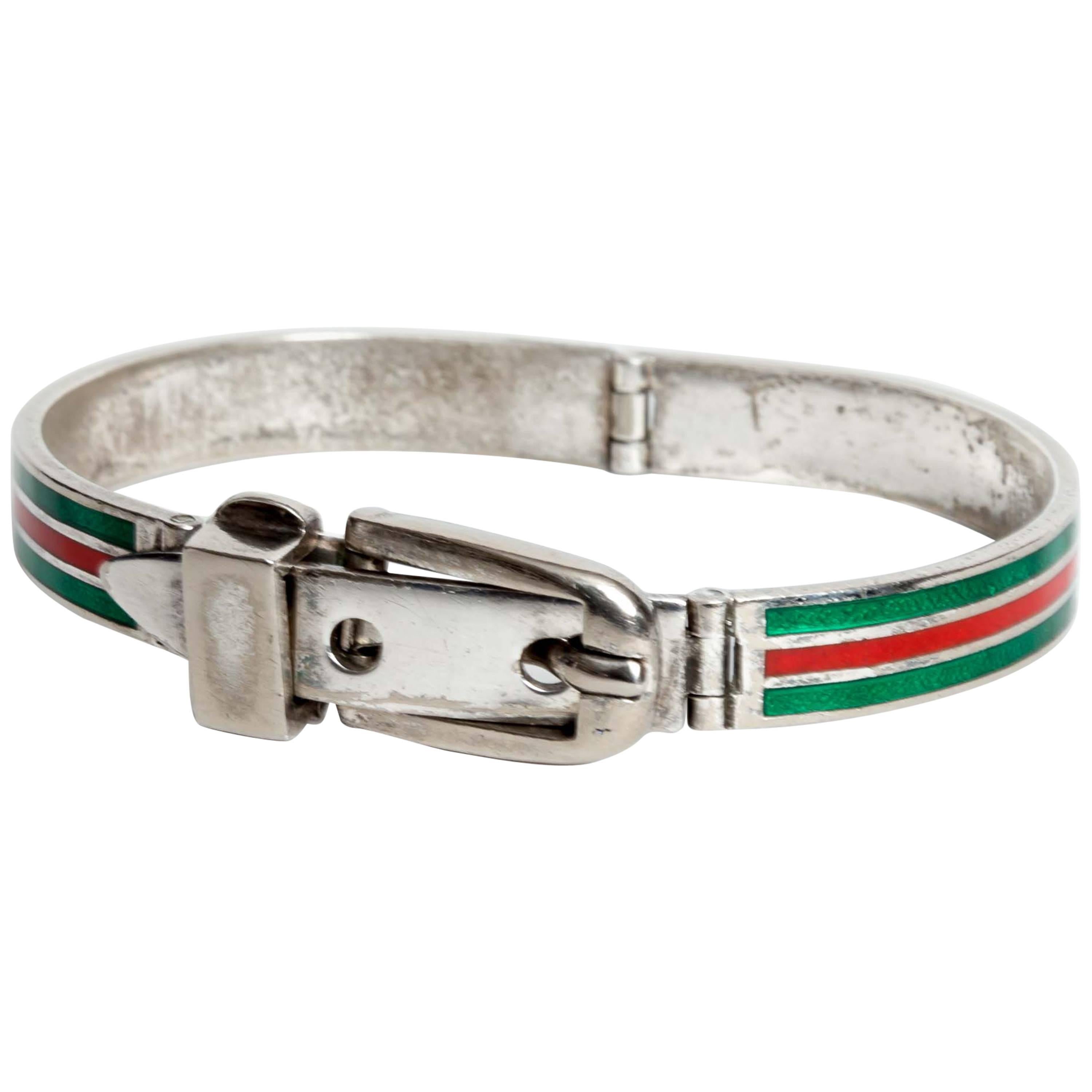 Vintage Gucci Sterling Silver Bracelet with Iconic Red and Green Enamel Stripes
