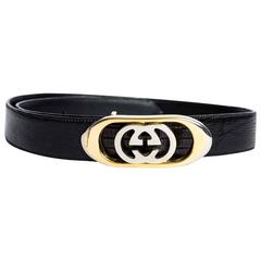 Gucci Lizard Belt with Gold Metal and Stainless Logo Clasp