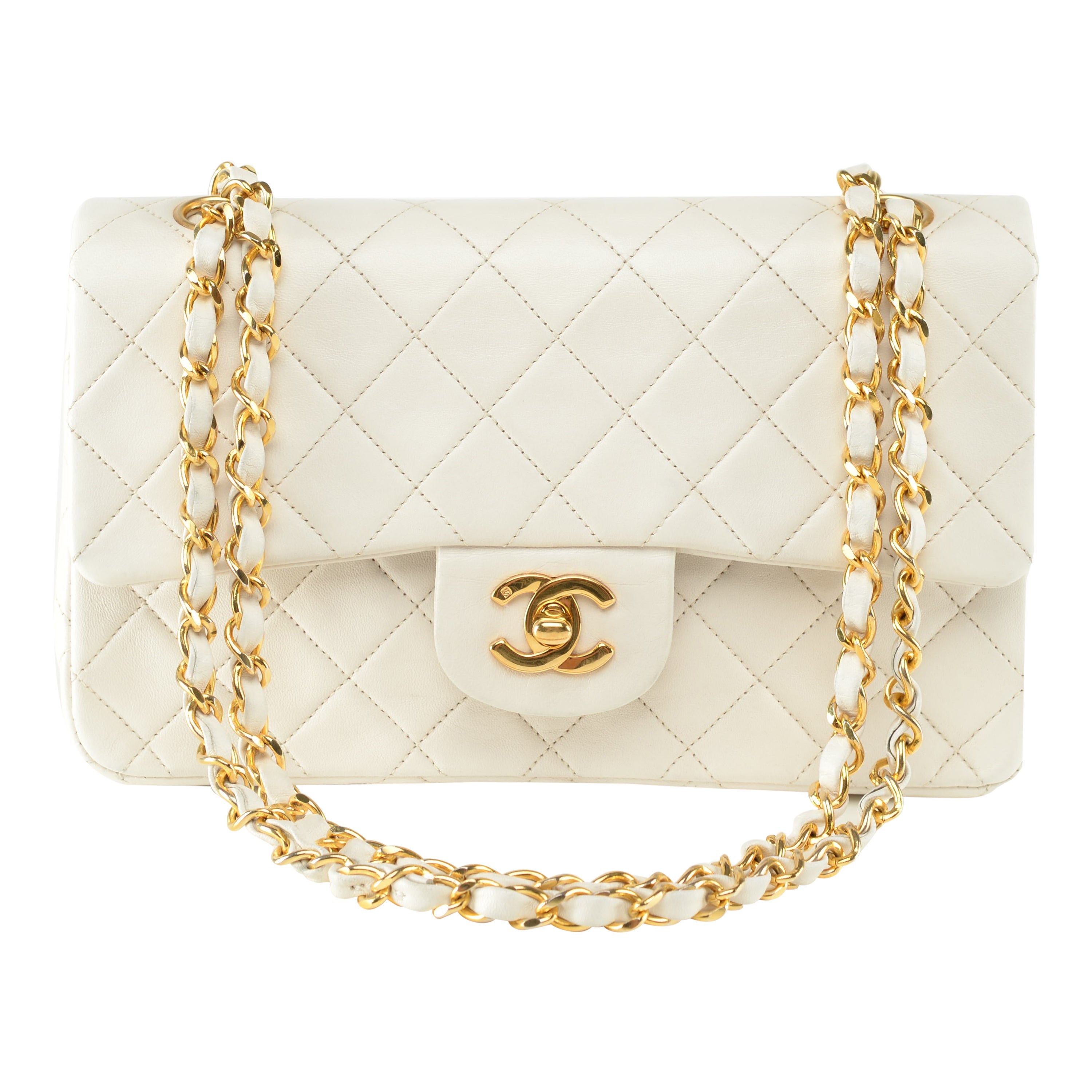 Chanel Classic Flap Small White Lambskin Gold Vintage at 1stDibs