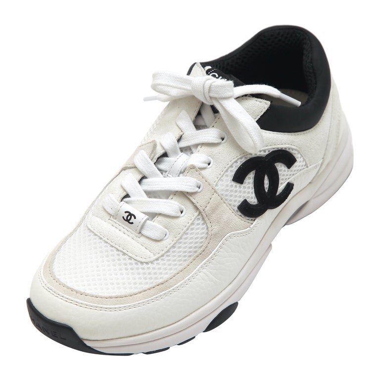 CHANEL Mesh Suede Calfskin Womens CC Sneakers 38.5 White Black Beige Gold  1307502