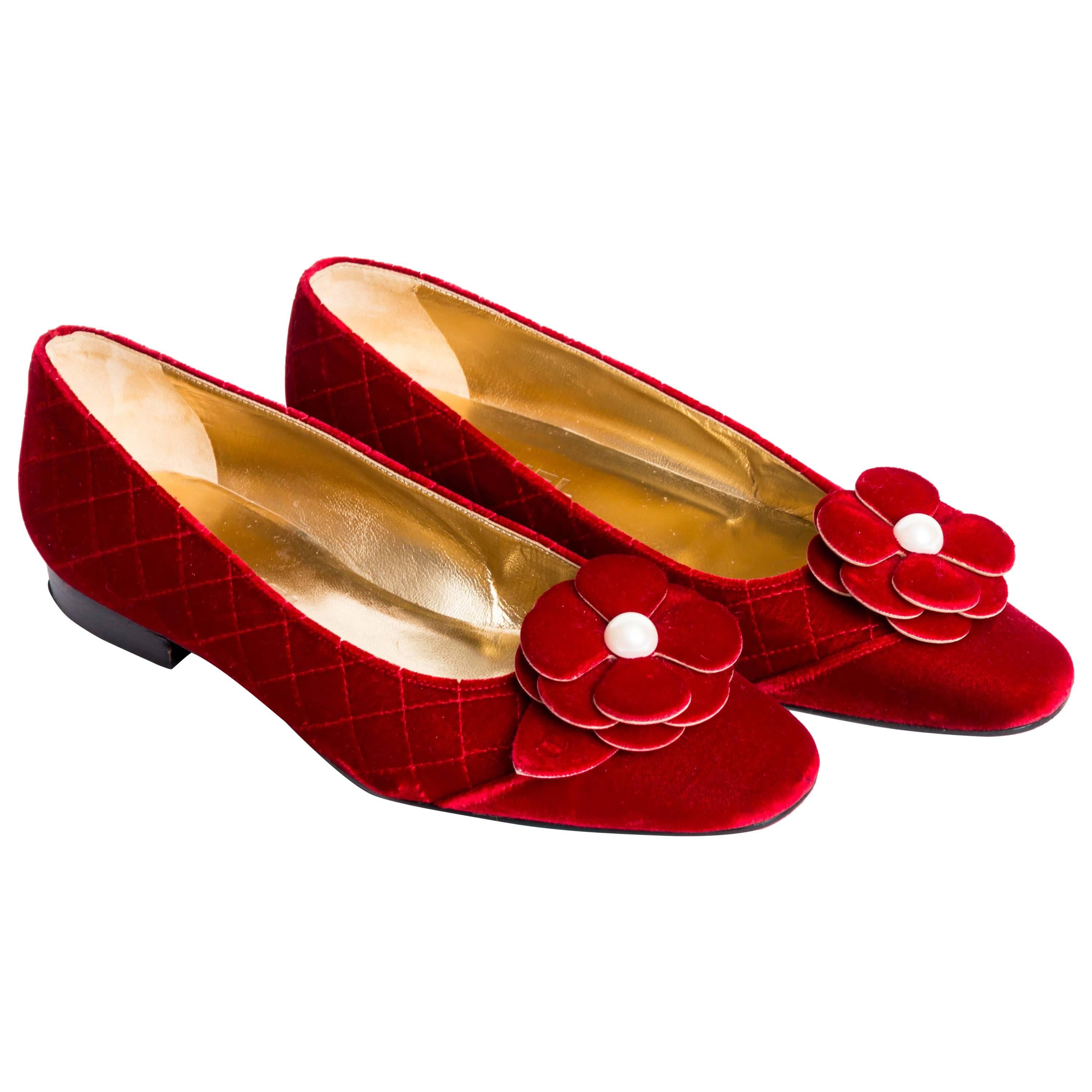 Chanel Red Velvet Camelia Flats