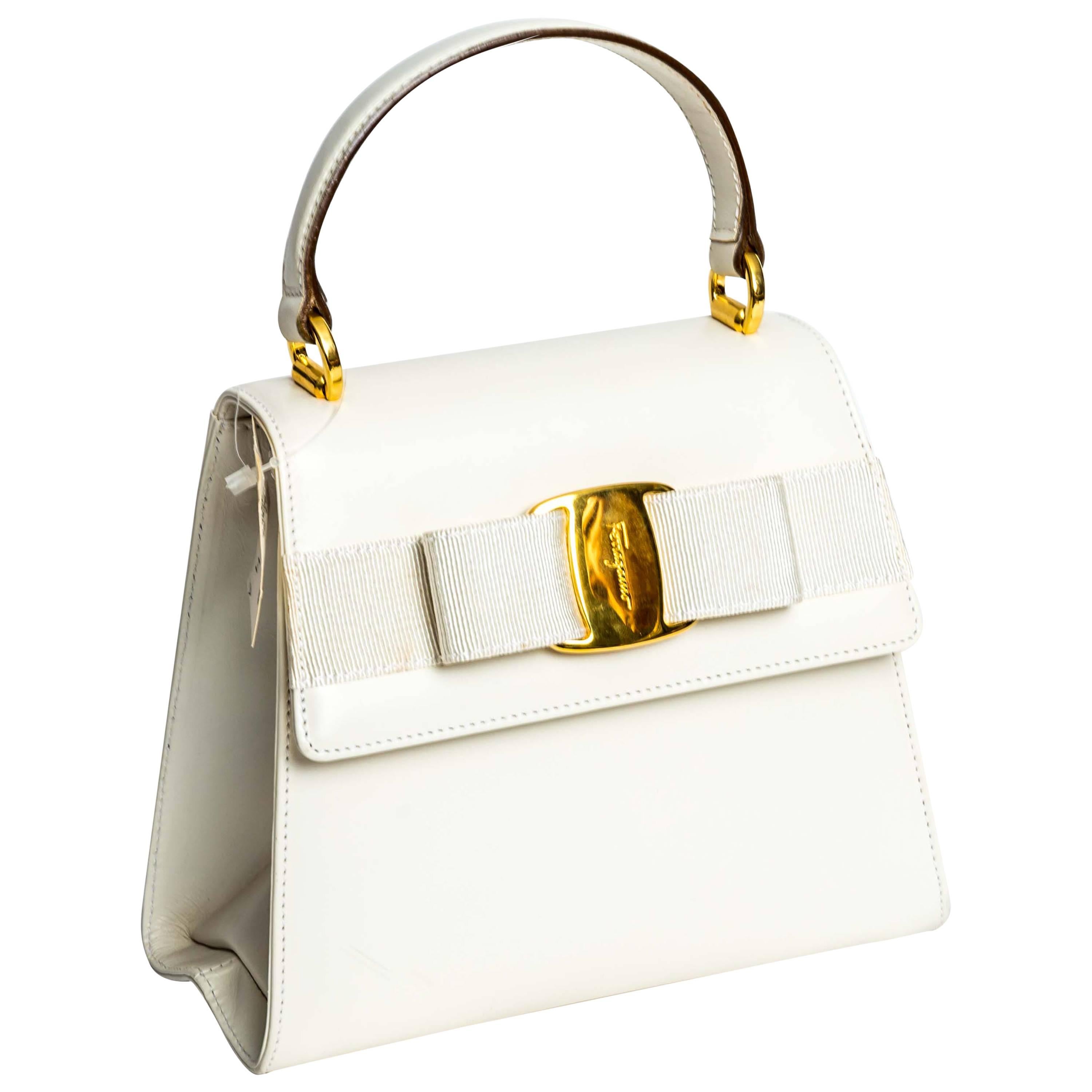 Ferragamo Vintage Vara Bow Two Way Bag in White Leather