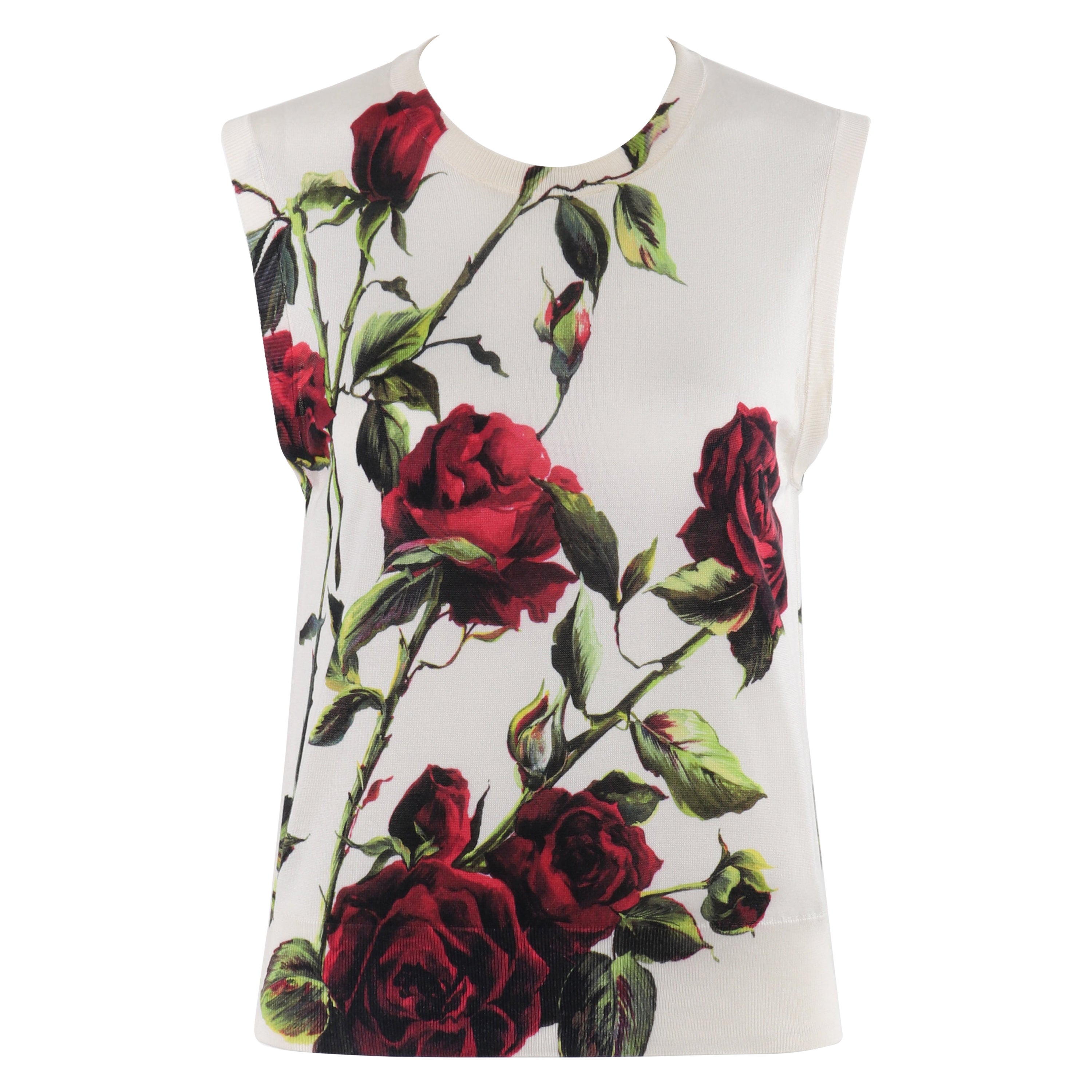 DOLCE & GABBANA c.1990s Cream Multicolor Rose Print Silk Knit Sleeveless Top For Sale