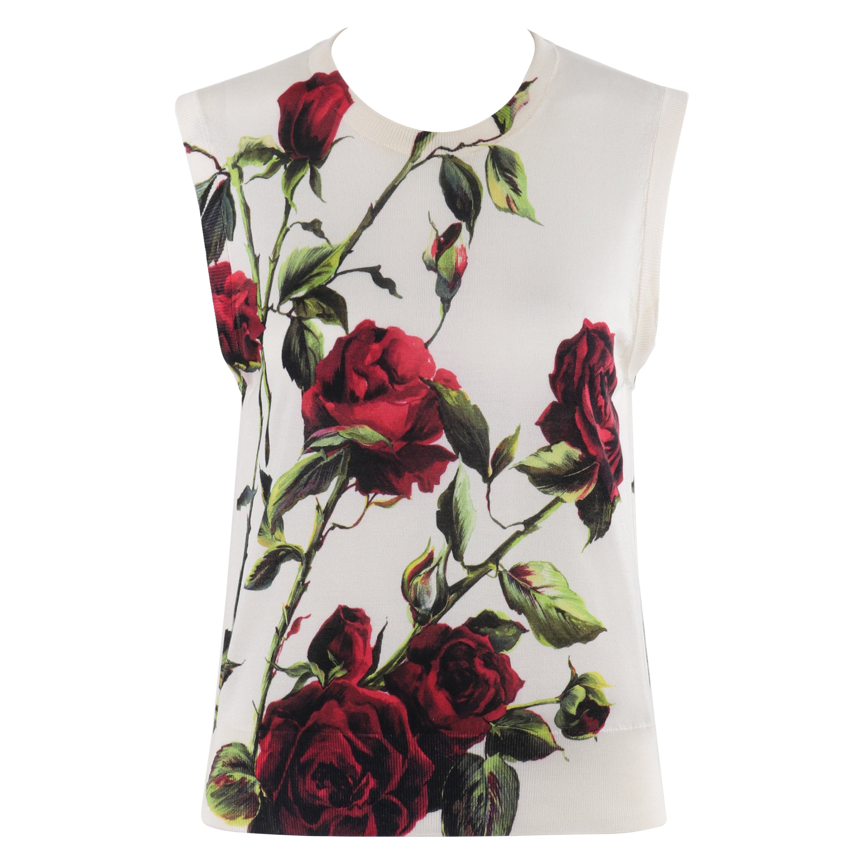 DOLCE & GABBANA c.1990 Crema Multicolore Stampa Rosa Maglia di Seta Senza Maniche