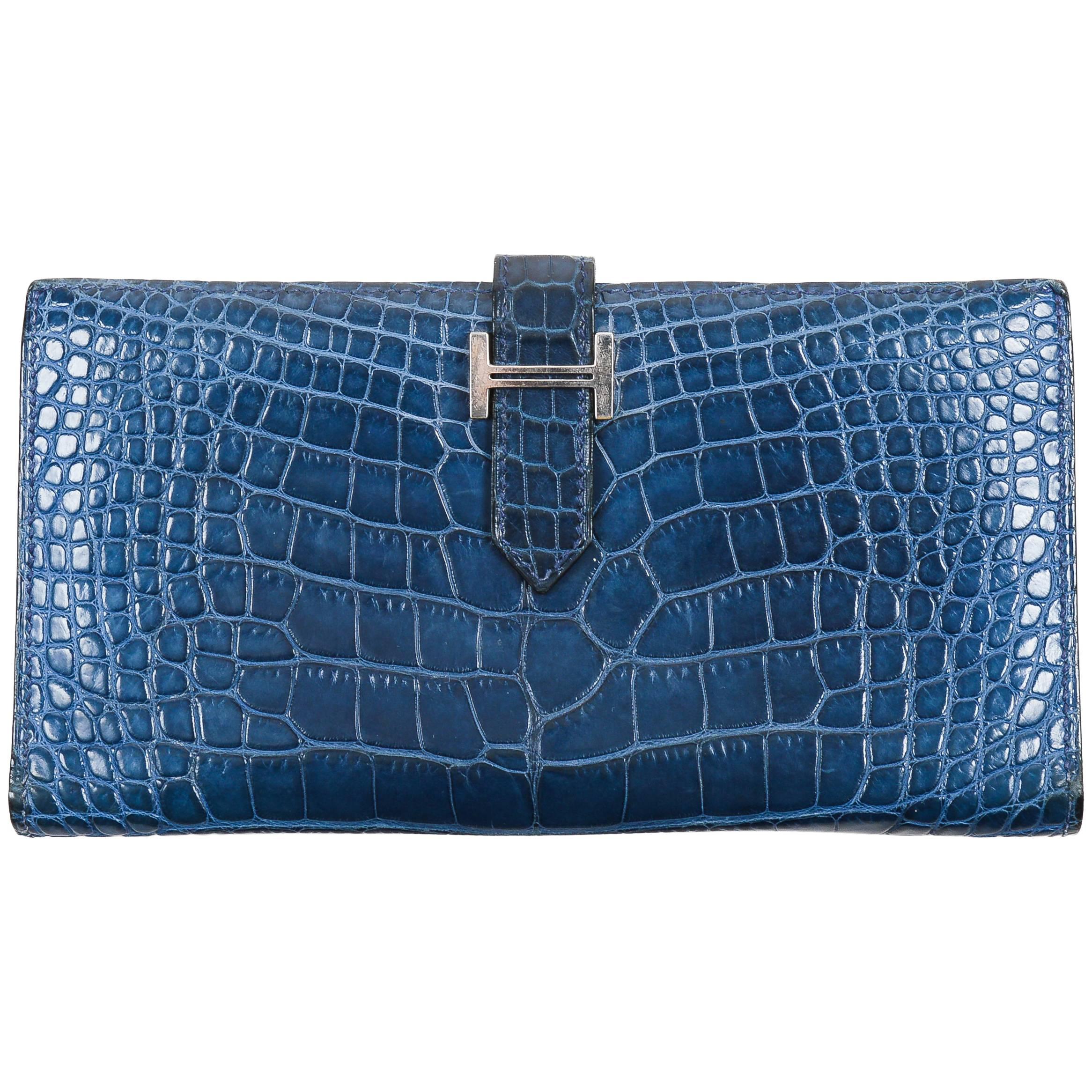 Hermes "Bearn" Blue Genuine Alligator Leather Long Flat Wallet For Sale