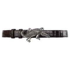 BRENDA SCHOENFELD Brown Genuine Alligator Belt Sterling Silver Crocodile Buckle