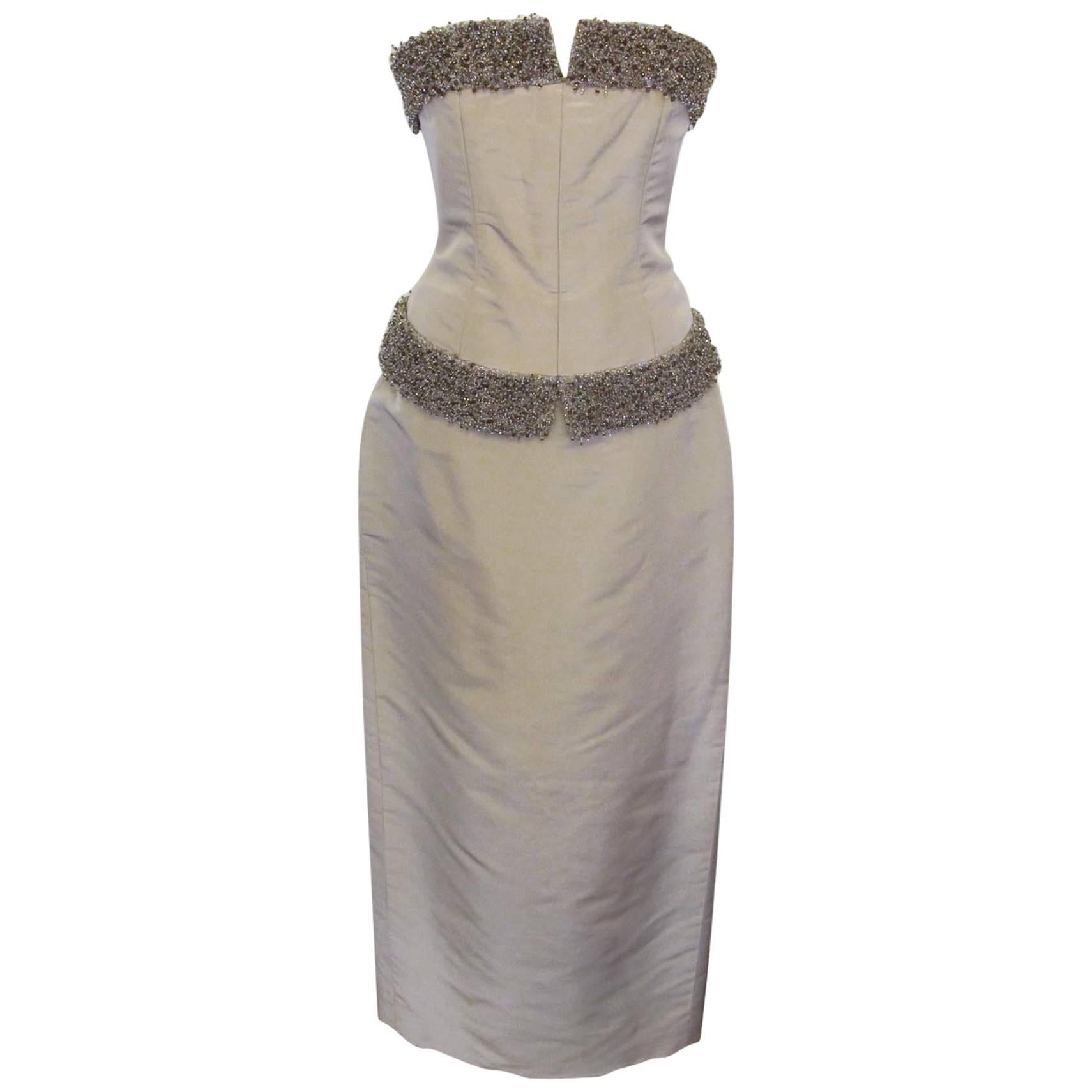 Donald Deal Beaded Taupe Strapless Two-Piece Evening Gown For Sale