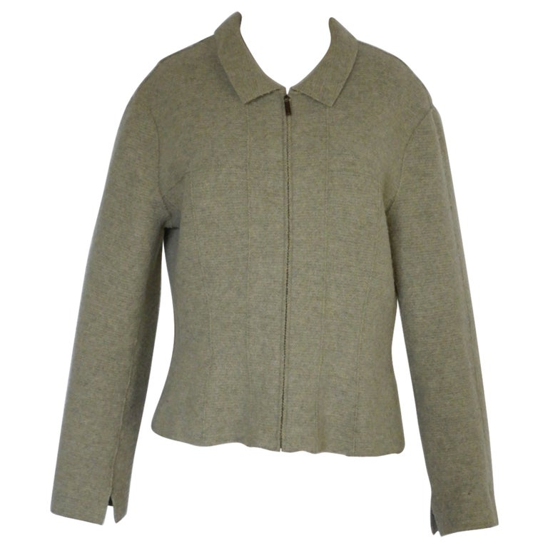 Chanel Grey/Green Wool Collarless Jacket Size 12/44 - Yoogi's Closet