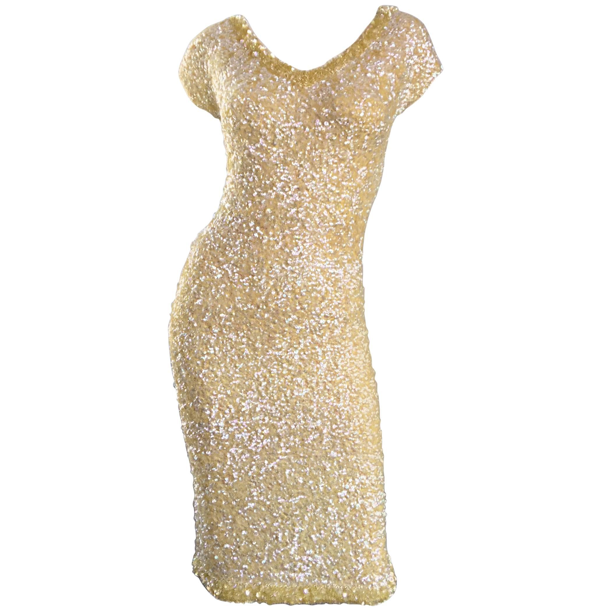 1950s Gene Shelly's Pale Yellow Fully Sequined 50s Vintage Wool Wiggle Dress