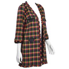 2007A Chanel 3/4 Plaid Coat With Black Satin Trim FR 42