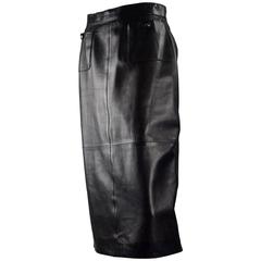 1980's Chanel Black Leather Important Long Skirt w/ Front & Back Pockets FR 42