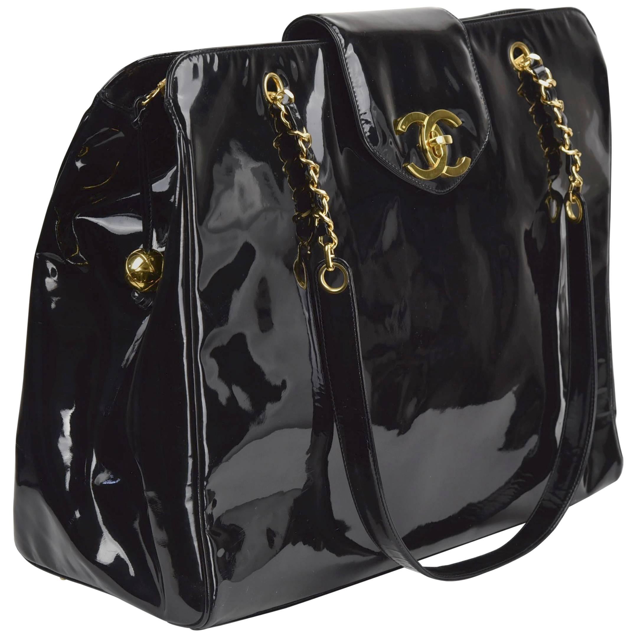 Circa 1996 Chanel Black Patent Oversized Classic Shoulder Bag For Sale