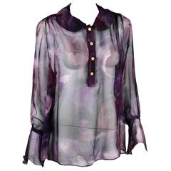 1990s Chanel Boutique Label Sheer Purple Silk Print Blouse w/Gold Nugget Buttons 8