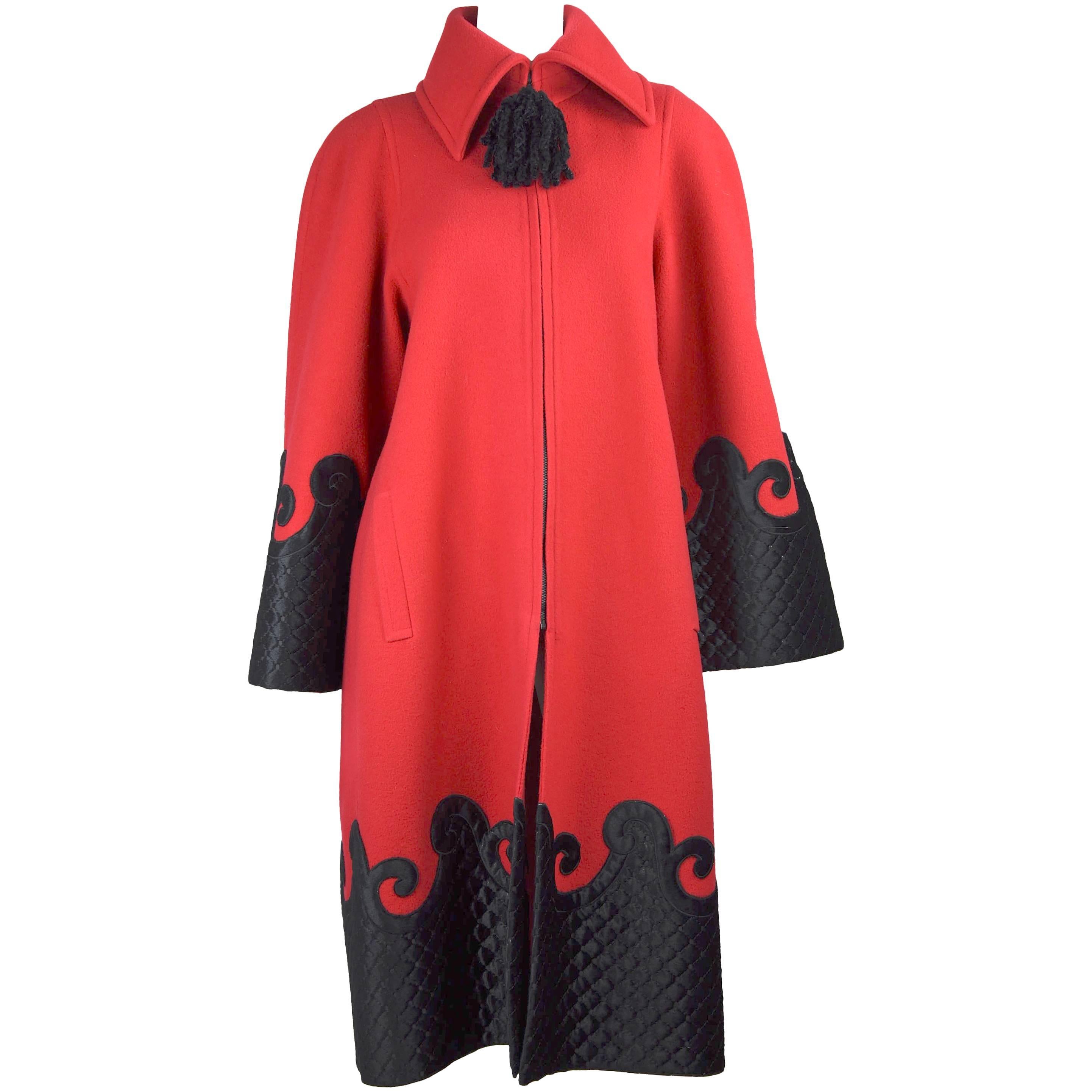 1990's Christian Lacroix Red and Black Appliqué Coat With Black Tassell For Sale